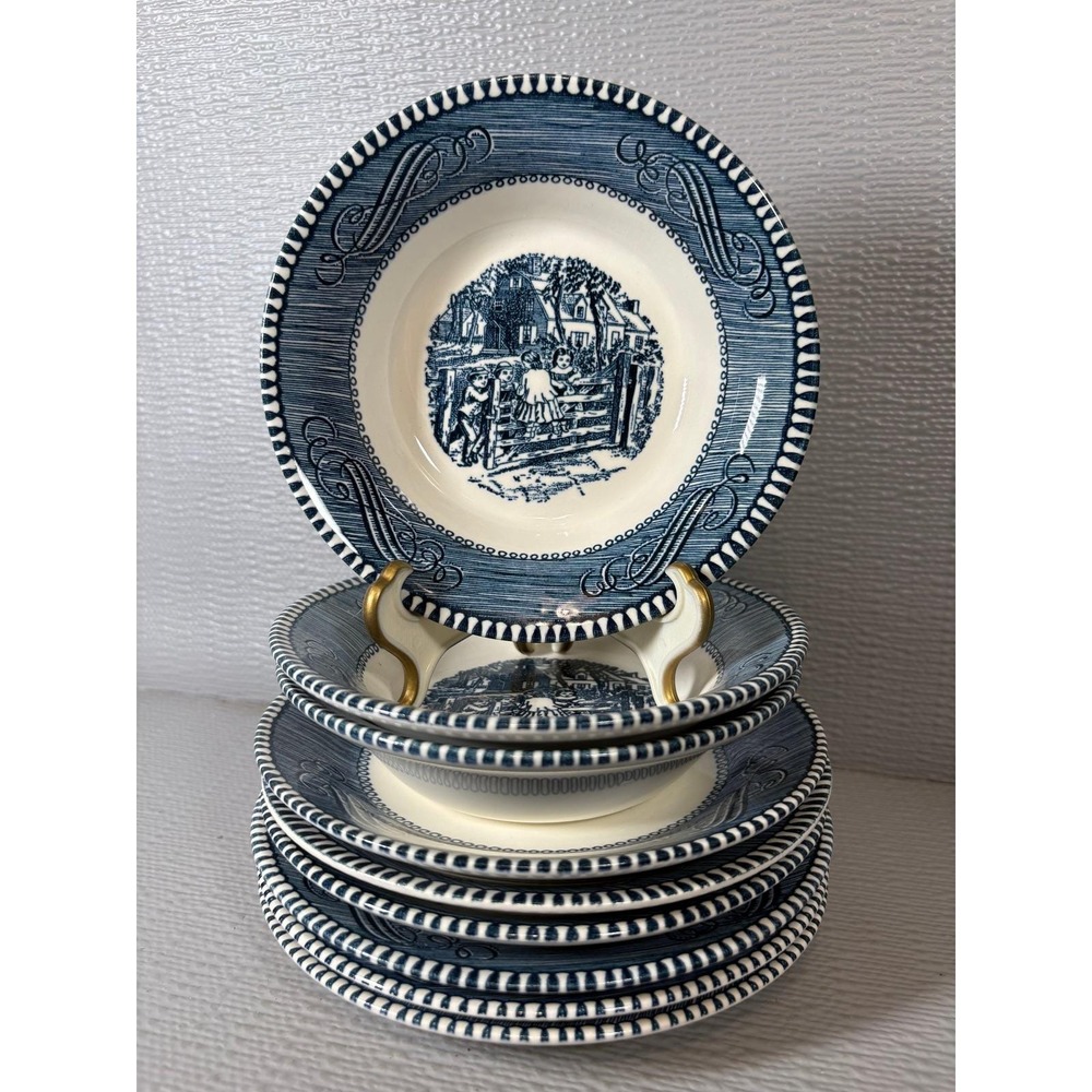 Vintage Currier & Ives by Royal Blue White Plates & Bowls 9 pc Set Mixed Scenes